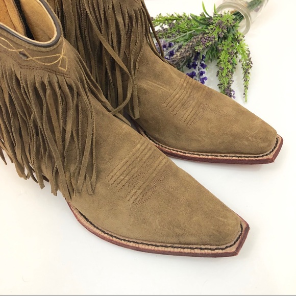 NEW JB Dillon Tan Suede Fringe Cowboy Booties - Picture 3 of 8